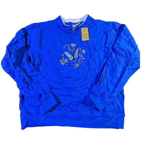 Gold Coast Tops - Gold Coast Womens Blue Embroidered Butterfly Sweatshirt Mock Neck 100% Cotton L